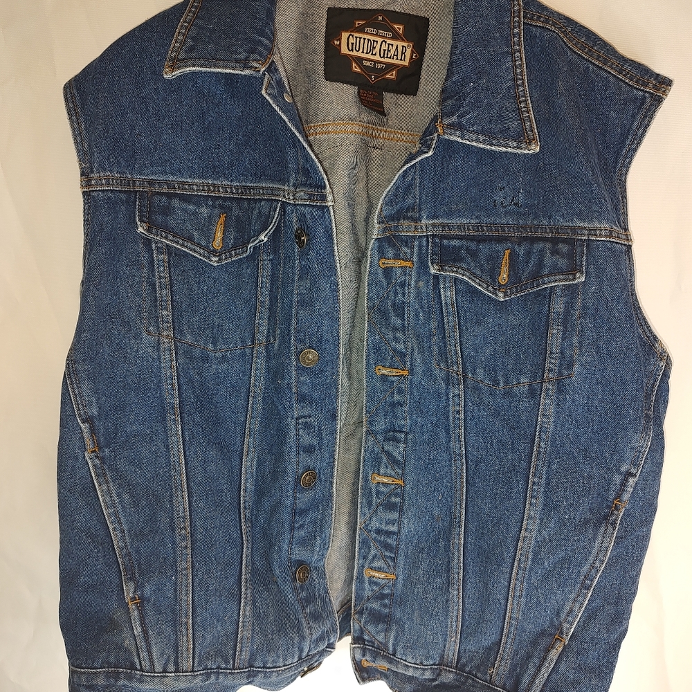 Vintage 90's Guide Gear Denim Sleeveless Jacket Size Large With HOG Backpatch